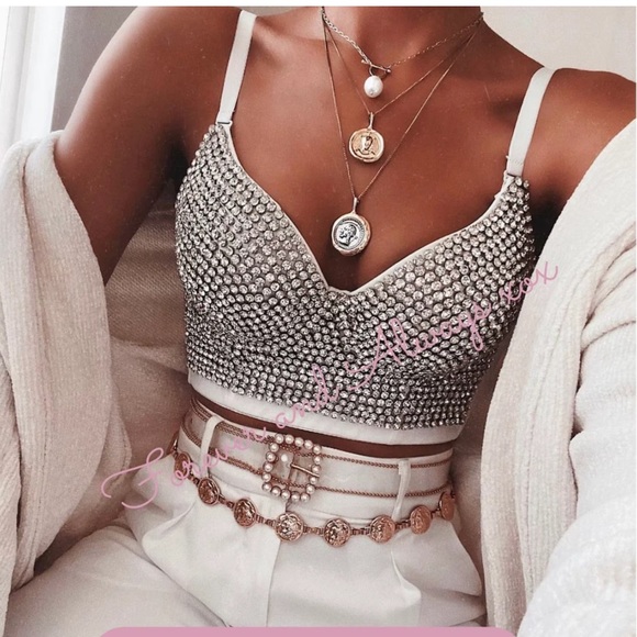 Women's 34 Small/XS Push up Rhinestone Silver White Bustier Bra Corset Crop Top